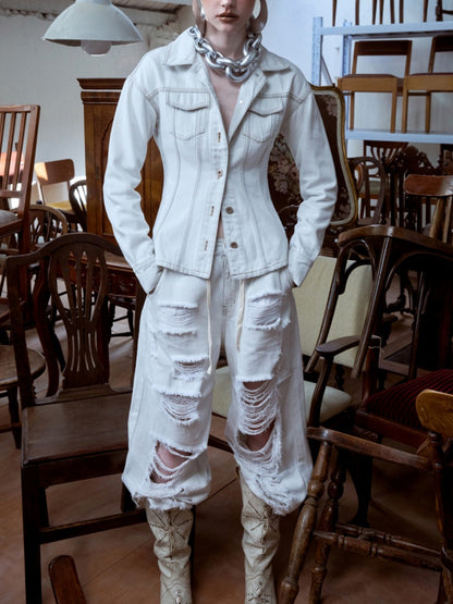 Distressed Water Washed Ripped Elastic Waist Embroidered Low-Rise Wide-Leg Loose Jeans【s0000014244】