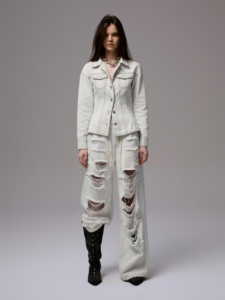 Distressed Water Washed Ripped Elastic Waist Embroidered Low-Rise Wide-Leg Loose Jeans【s0000014244】