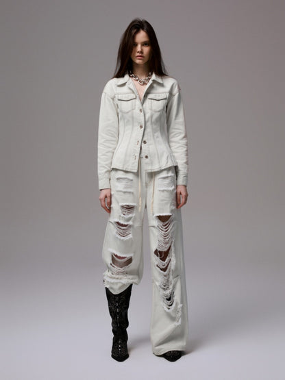 Distressed Water Washed Ripped Elastic Waist Embroidered Low-Rise Wide-Leg Loose Jeans【s0000014244】