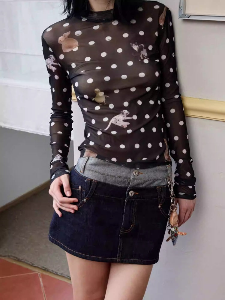 Polka Dot Cat & Dog Love Print Small Turtle Neck Skin Slim Long Sleeve Tops【s0000014245】