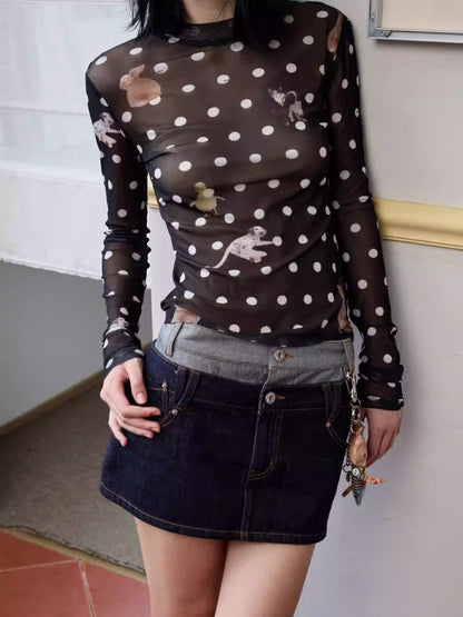 Polka Dot Cat & Dog Love Print Small Turtle Neck Skin Slim Long Sleeve Tops【s0000014245】