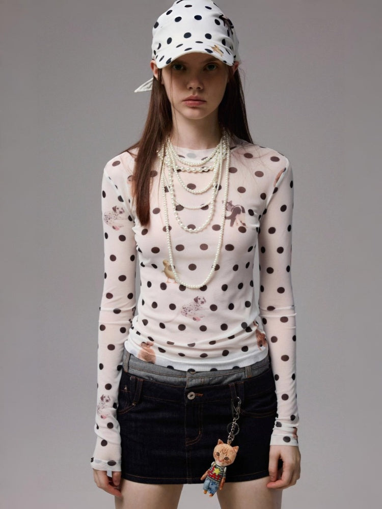 Polka Dot Cat & Dog Love Print Small Turtle Neck Skin Slim Long Sleeve Tops【s0000014245】