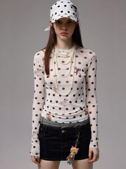 Polka Dot Cat & Dog Love Print Small Turtle Neck Skin Slim Long Sleeve Tops【s0000014245】