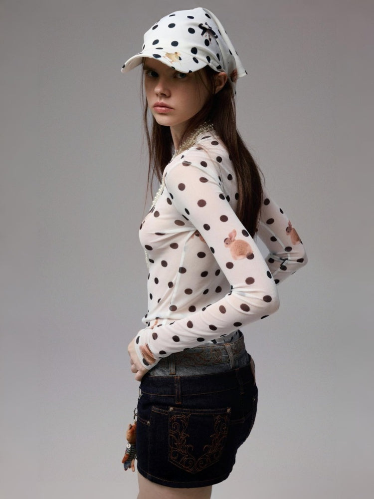 Polka Dot Cat & Dog Love Print Small Turtle Neck Skin Slim Long Sleeve Tops【s0000014245】