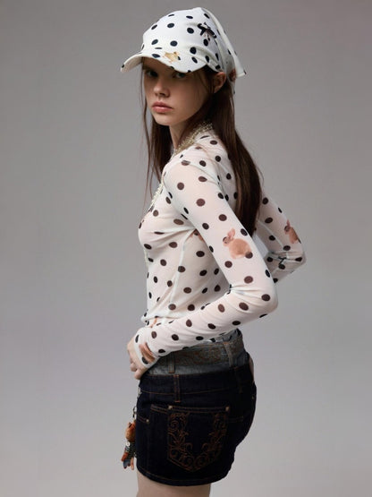 Polka Dot Cat & Dog Love Print Small Turtle Neck Skin Slim Long Sleeve Tops【s0000014245】