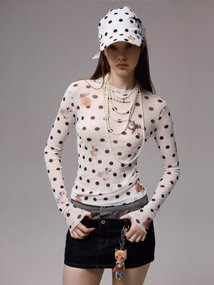Polka Dot Cat & Dog Love Print Small Turtle Neck Skin Slim Long Sleeve Tops【s0000014245】