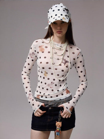 Polka Dot Cat & Dog Love Print Small Turtle Neck Skin Slim Long Sleeve Tops【s0000014245】