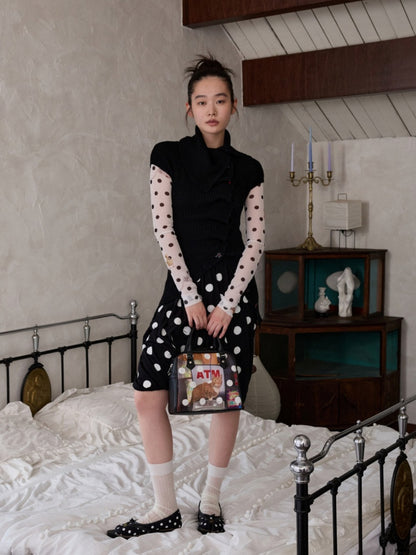 Polka Dot Cat & Dog Love Print Small Turtle Neck Skin Slim Long Sleeve Tops【s0000014245】