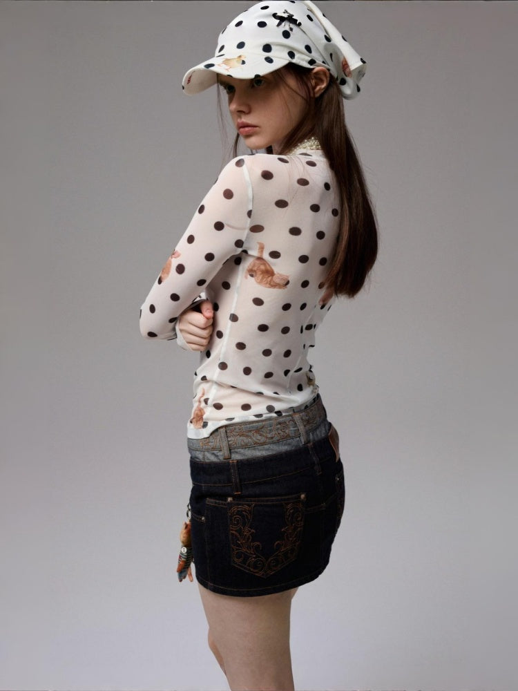 Polka Dot Cat & Dog Love Print Small Turtle Neck Skin Slim Long Sleeve Tops【s0000014245】