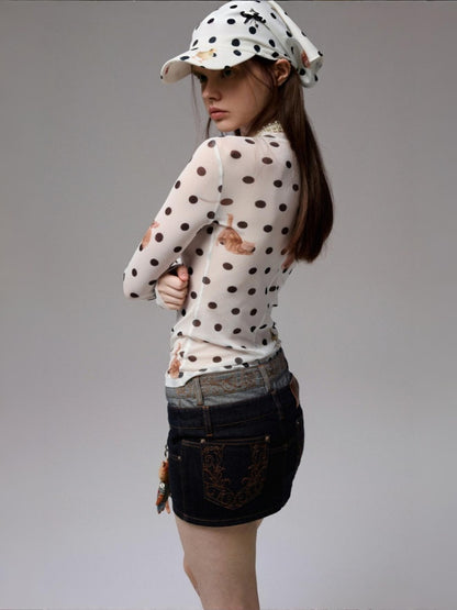 Polka Dot Cat & Dog Love Print Small Turtle Neck Skin Slim Long Sleeve Tops【s0000014245】