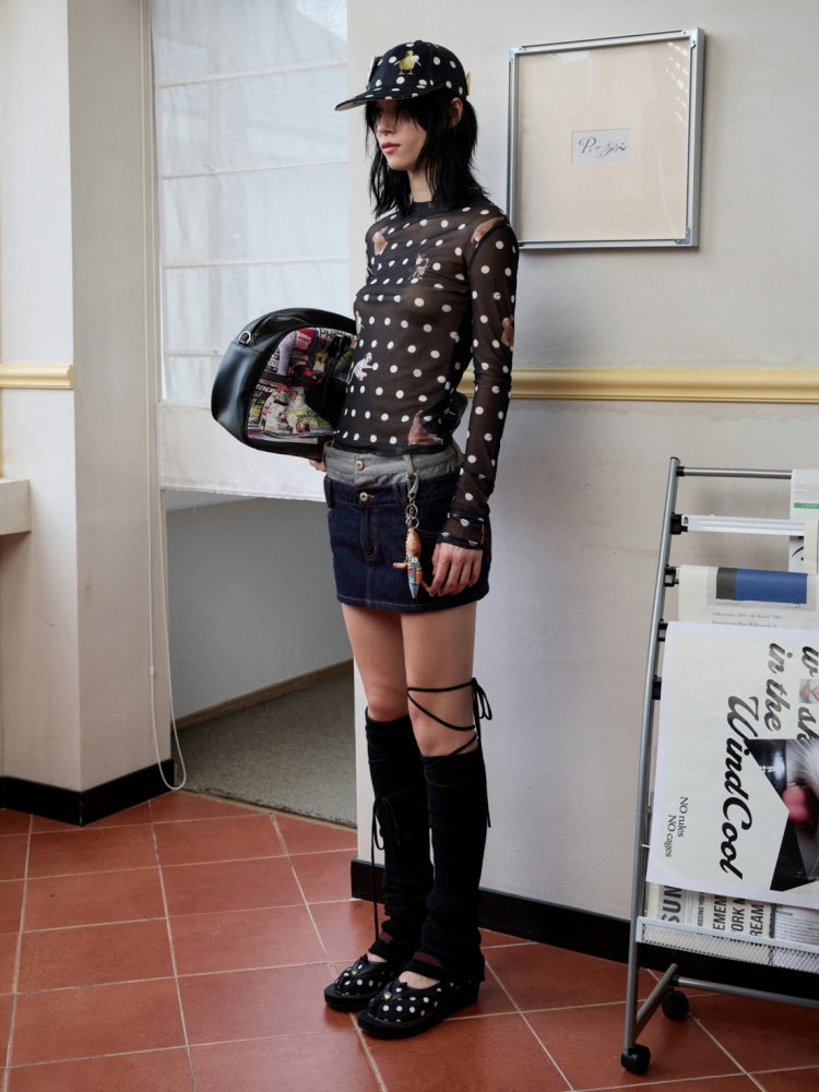 Polka Dot Cat & Dog Love Print Small Turtle Neck Skin Slim Long Sleeve Tops【s0000014245】