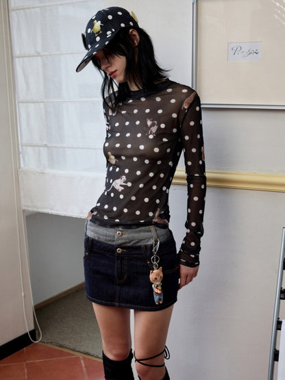 Polka Dot Cat & Dog Love Print Small Turtle Neck Skin Slim Long Sleeve Tops【s0000014245】