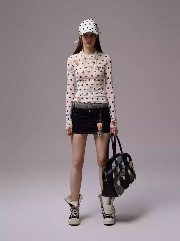 Polka Dot Cat & Dog Love Print Small Turtle Neck Skin Slim Long Sleeve Tops【s0000014245】