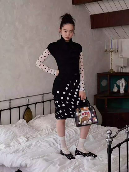 Polka Dot Cat & Dog Love Print Small Turtle Neck Skin Slim Long Sleeve Tops【s0000014245】