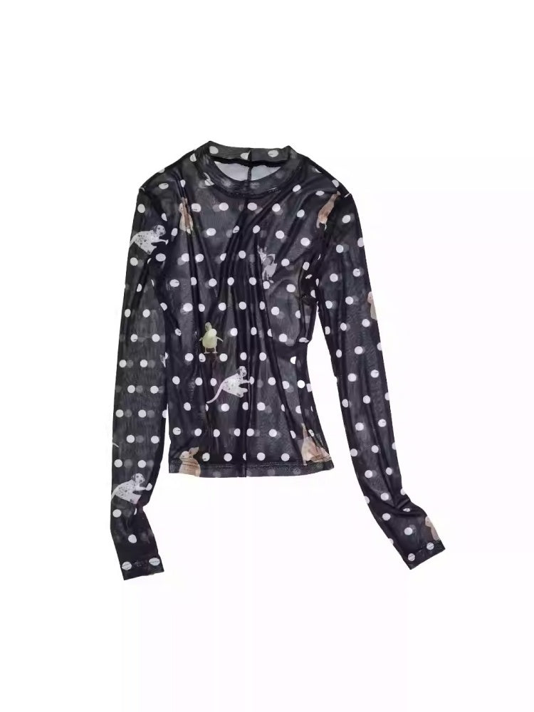 Polka Dot Cat & Dog Love Print Small Turtle Neck Skin Slim Long Sleeve Tops【s0000014245】