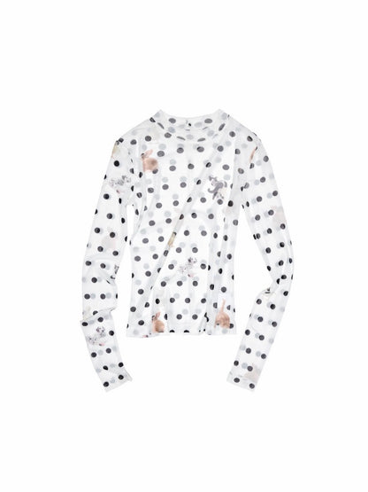 Polka Dot Cat & Dog Love Print Small Turtle Neck Skin Slim Long Sleeve Tops【s0000014245】