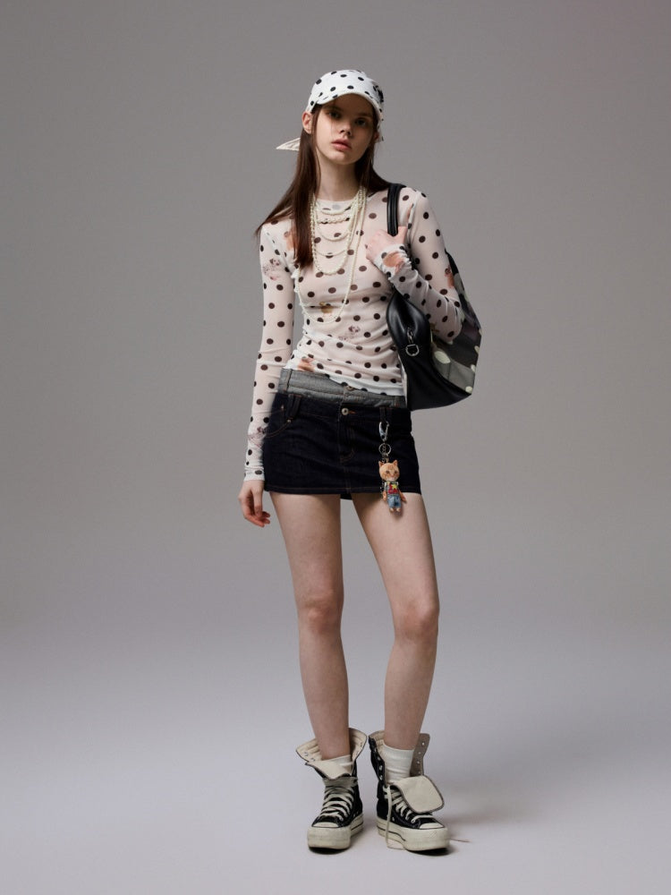 Polka Dot Cat & Dog Love Print Small Turtle Neck Skin Slim Long Sleeve Tops【s0000014245】