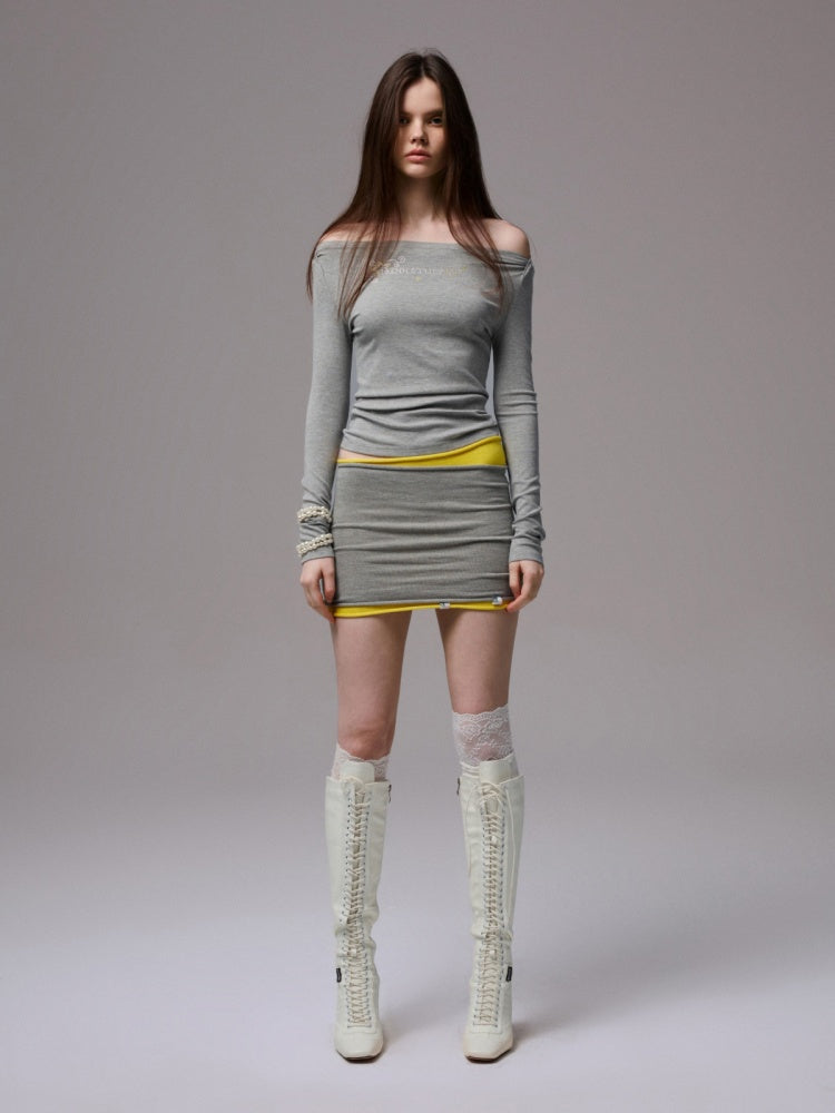 Solid Color Knitted Shoulder Cardigan Rolled Hemmed Bandeau Skirt Two-Piece Set【s0000014246】