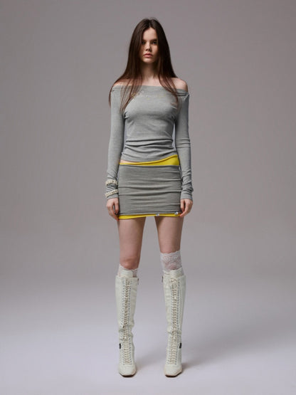 Solid Color Knitted Shoulder Cardigan Rolled Hemmed Bandeau Skirt Two-Piece Set【s0000014246】