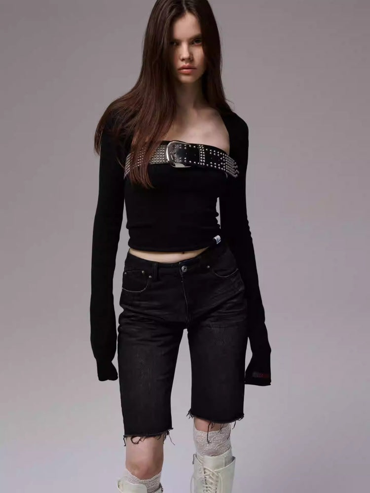 Solid Color Knitted Shoulder Cardigan Rolled Hemmed Bandeau Skirt Two-Piece Set【s0000014246】