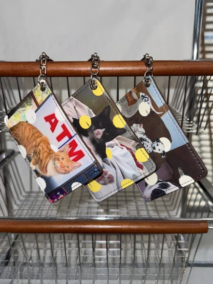 Original Retro Polka Dot Cat & Dog Love Print Pendant Card Case Dual Card Slot ID Storage Bag【s0000014247】