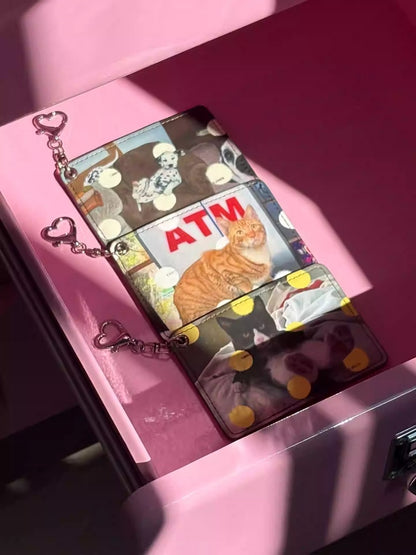 Original Retro Polka Dot Cat & Dog Love Print Pendant Card Case Dual Card Slot ID Storage Bag【s0000014247】