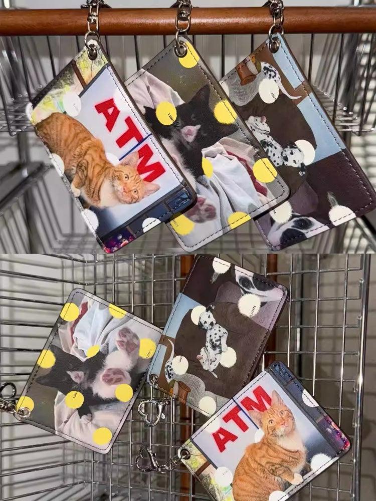 Original Retro Polka Dot Cat & Dog Love Print Pendant Card Case Dual Card Slot ID Storage Bag【s0000014247】