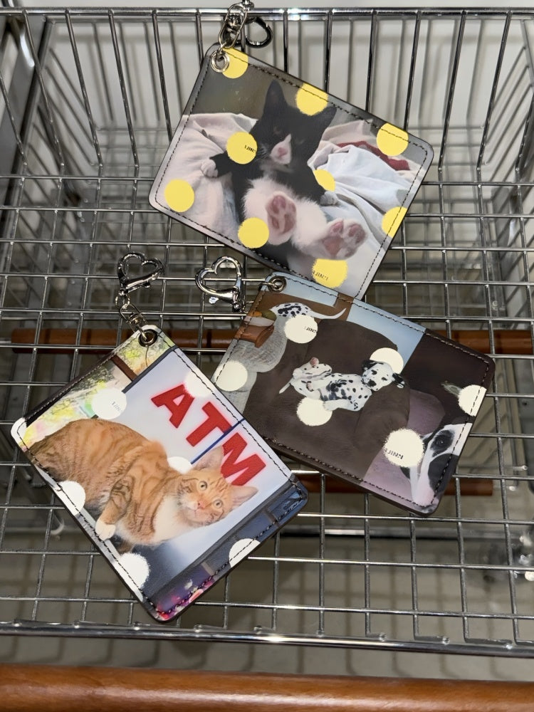 Original Retro Polka Dot Cat & Dog Love Print Pendant Card Case Dual Card Slot ID Storage Bag【s0000014247】