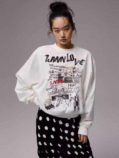 Cat Graffiti Letter Print Flower Bud Dropped Shoulder Loose Long-Sleeved Sweatshirt【s0000014250】
