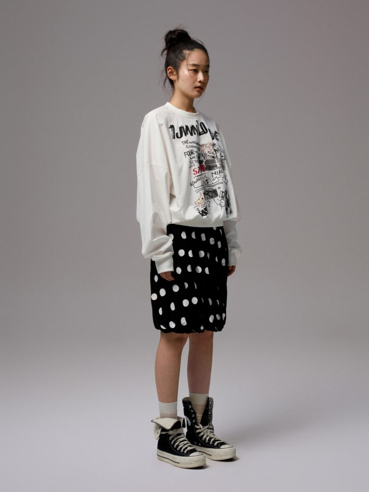 Cat Graffiti Letter Print Flower Bud Dropped Shoulder Loose Long-Sleeved Sweatshirt【s0000014250】
