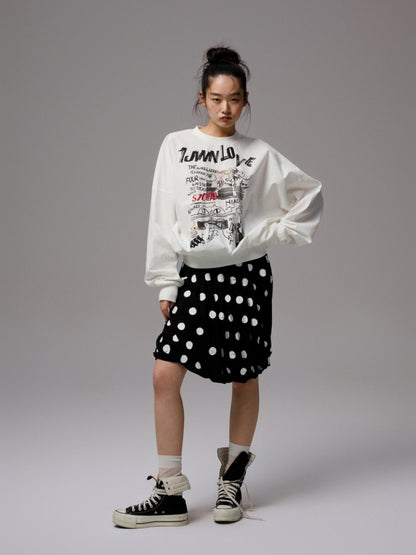 Cat Graffiti Letter Print Flower Bud Dropped Shoulder Loose Long-Sleeved Sweatshirt【s0000014250】