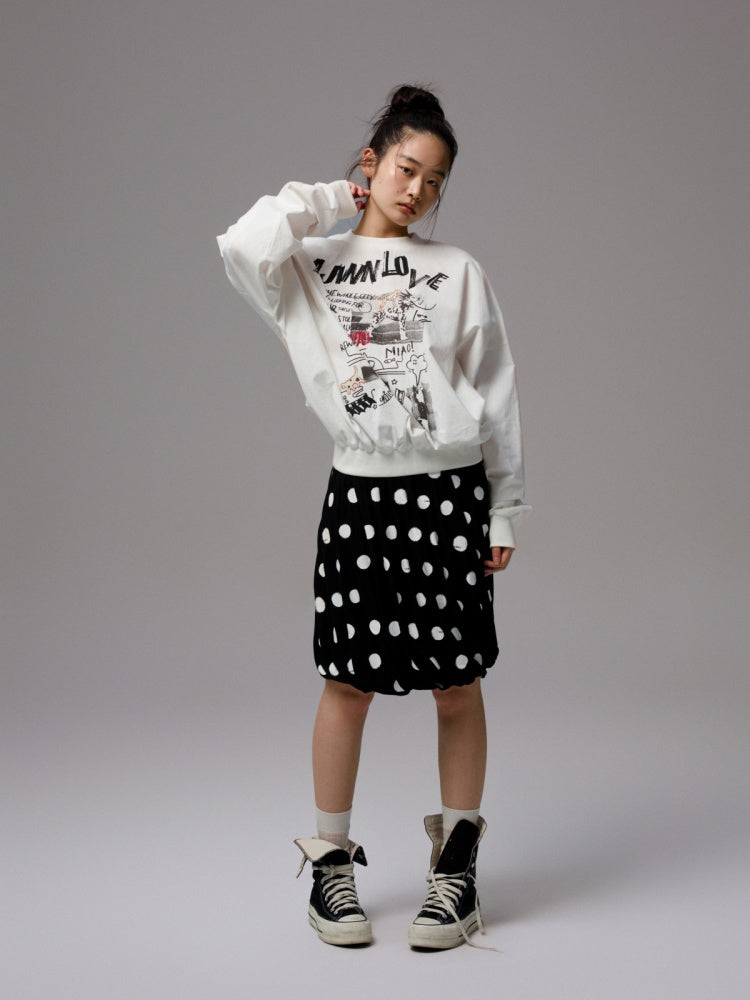 Cat Graffiti Letter Print Flower Bud Dropped Shoulder Loose Long-Sleeved Sweatshirt【s0000014250】