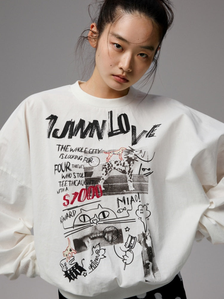 Cat Graffiti Letter Print Flower Bud Dropped Shoulder Loose Long-Sleeved Sweatshirt【s0000014250】