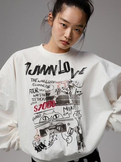 Cat Graffiti Letter Print Flower Bud Dropped Shoulder Loose Long-Sleeved Sweatshirt【s0000014250】