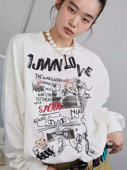 Cat Graffiti Letter Print Flower Bud Dropped Shoulder Loose Long-Sleeved Sweatshirt【s0000014250】
