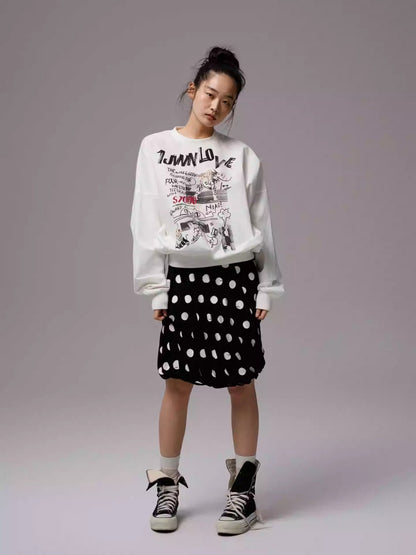 Cat Graffiti Letter Print Flower Bud Dropped Shoulder Loose Long-Sleeved Sweatshirt【s0000014250】