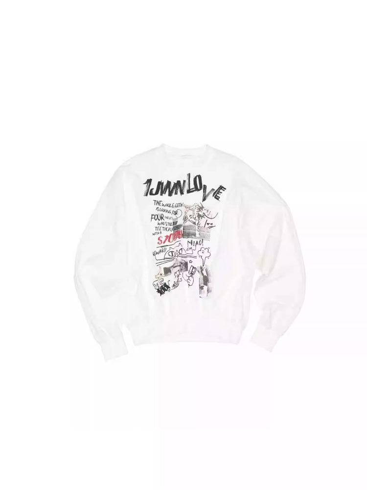 Cat Graffiti Letter Print Flower Bud Dropped Shoulder Loose Long-Sleeved Sweatshirt【s0000014250】