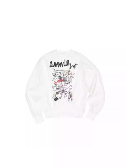 Cat Graffiti Letter Print Flower Bud Dropped Shoulder Loose Long-Sleeved Sweatshirt【s0000014250】
