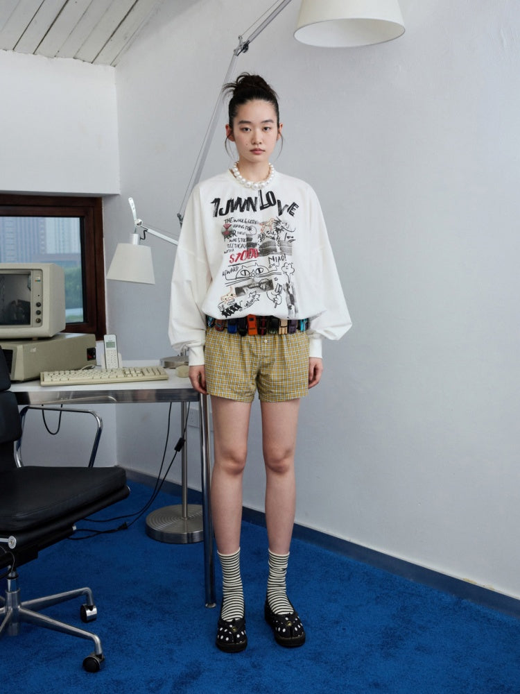 Cat Graffiti Letter Print Flower Bud Dropped Shoulder Loose Long-Sleeved Sweatshirt【s0000014250】