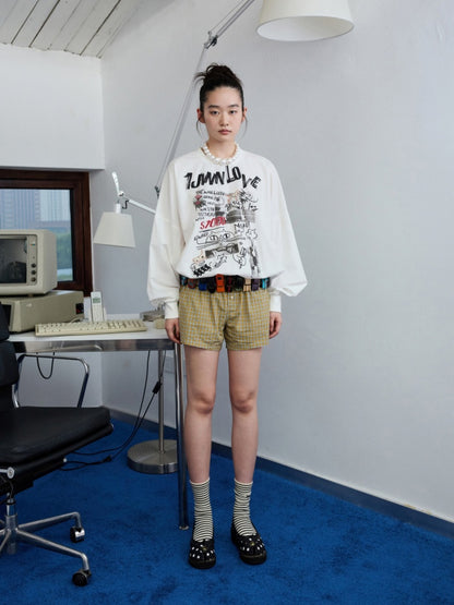 Cat Graffiti Letter Print Flower Bud Dropped Shoulder Loose Long-Sleeved Sweatshirt【s0000014250】