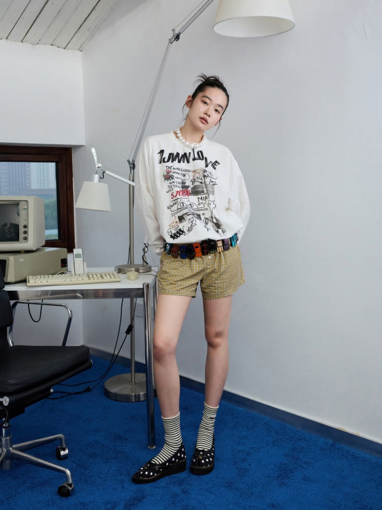 Cat Graffiti Letter Print Flower Bud Dropped Shoulder Loose Long-Sleeved Sweatshirt【s0000014250】