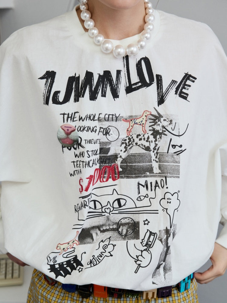 Cat Graffiti Letter Print Flower Bud Dropped Shoulder Loose Long-Sleeved Sweatshirt【s0000014250】
