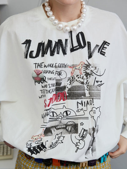 Cat Graffiti Letter Print Flower Bud Dropped Shoulder Loose Long-Sleeved Sweatshirt【s0000014250】