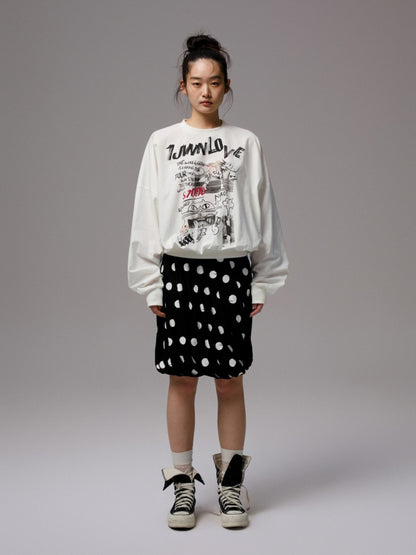 Cat Graffiti Letter Print Flower Bud Dropped Shoulder Loose Long-Sleeved Sweatshirt【s0000014250】