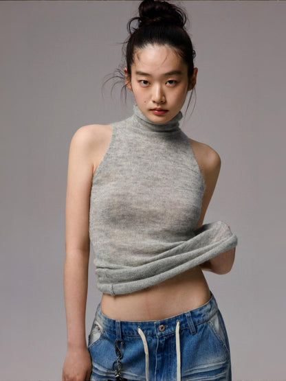 Solid Color Mohair Turtle Neck Sleeveless Knitted Vest【s0000014251】
