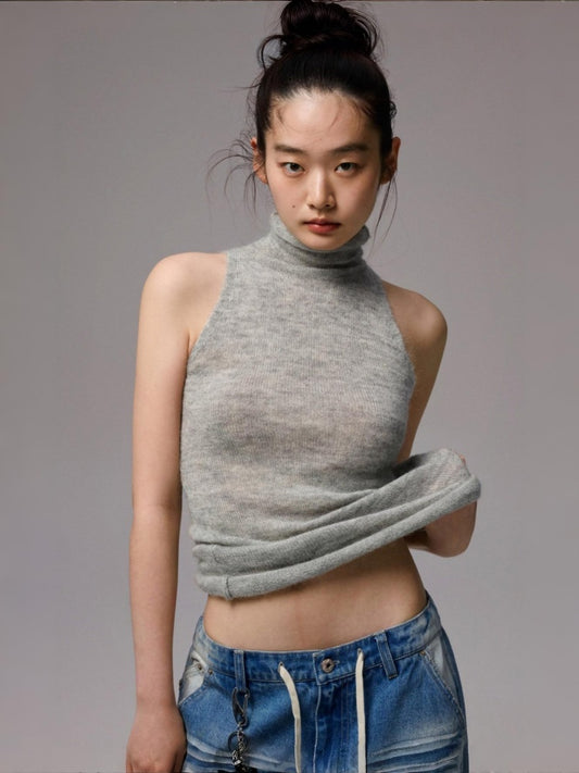Solid Color Mohair Turtle Neck Sleeveless Knitted Vest【s0000014251】