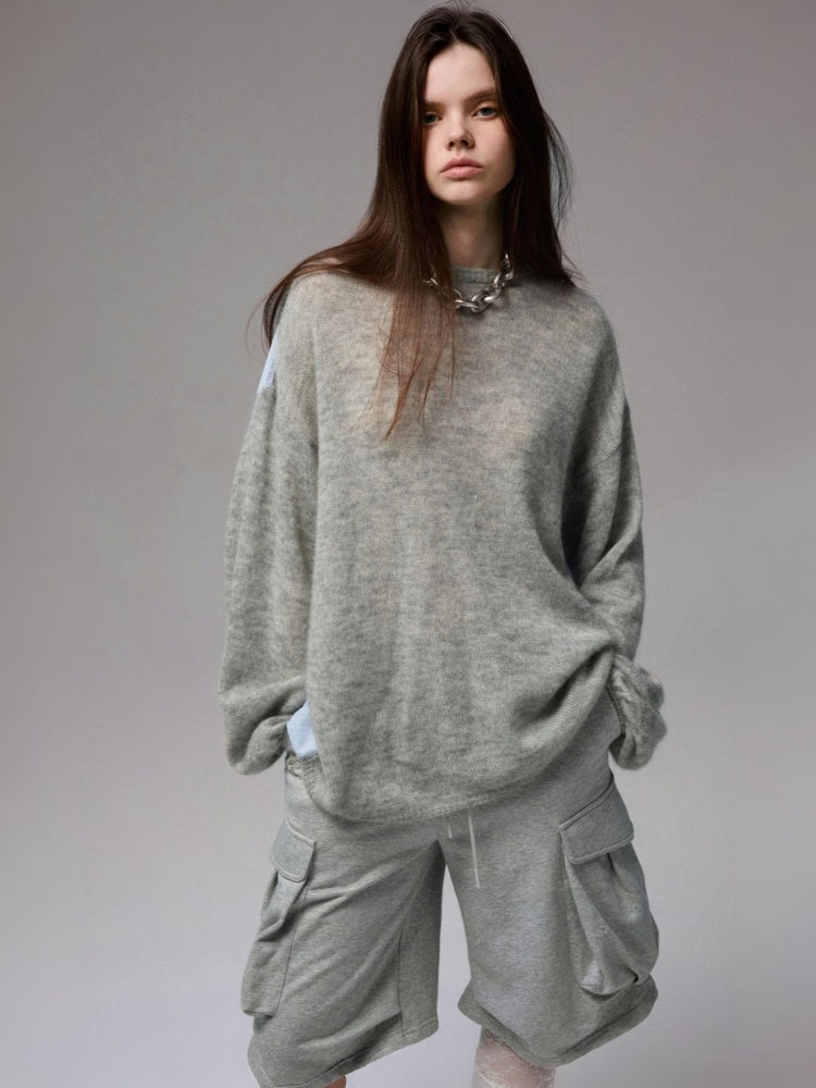 Lazy Mohair Striped Patchwork Dropped Shoulder Long Sleeve Knit Shirt 【s0000014253】