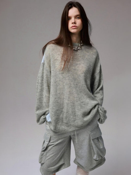 Lazy Mohair Striped Patchwork Dropped Shoulder Long Sleeve Knit Shirt 【s0000014253】