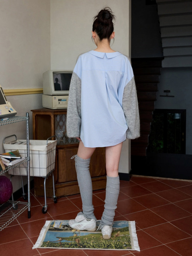 Lazy Mohair Striped Patchwork Dropped Shoulder Long Sleeve Knit Shirt 【s0000014253】