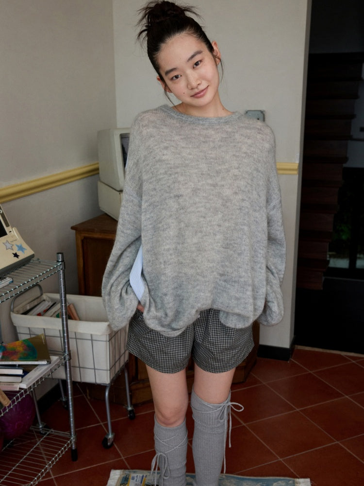 Lazy Mohair Striped Patchwork Dropped Shoulder Long Sleeve Knit Shirt 【s0000014253】